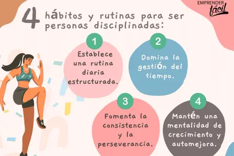 Una mujer enérgica se ejercita, ilustrando 4 hábitos para el crecimiento personal: rutina, gestión del tiempo, constancia y mentalidad de mejora.