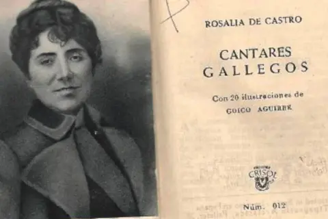 Retrato de Rosalía de Castro junto a su obra "Cantares Gallegos", un tesoro de frases y poemas.