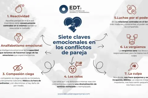 Siete claves emocionales en los conflictos de pareja: reactividad, analfabetismo emocional, compasión ciega, celos, luchas de poder, vergüenza y culpa.