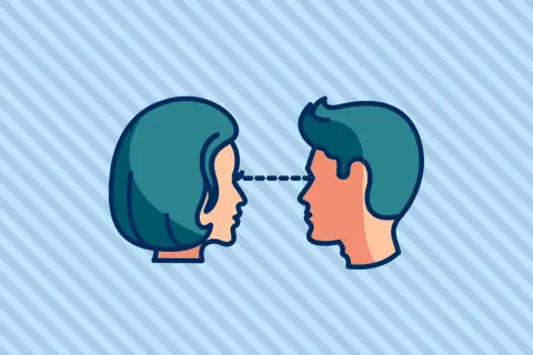 Perfiles de hombre y mujer mirándose, con una línea punteada entre sus ojos, simbolizando el contacto cero.