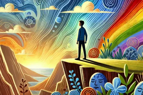 Un joven mira un paisaje vibrante y surrealista, con un arcoíris y un sol naciente. Se siente bien al ser diferente al resto.