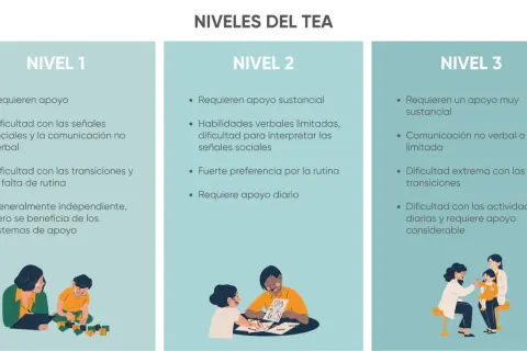 Niveles del TEA: Nivel 2 describe apoyo sustancial, habilidades verbales limitadas y preferencia por la rutina.