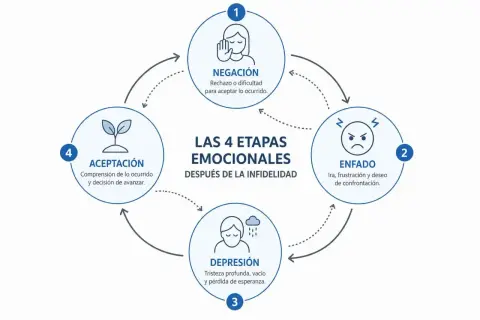 Diagrama de las 4 etapas emocionales tras una infidelidad: negación, enfado, depresión y aceptación.