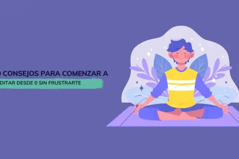 Joven meditando en posición de loto, con texto "10 consejos para comenzar a meditar sin frustrarte".