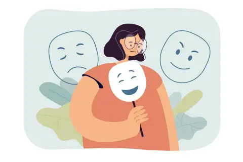 Persona con máscara sonriente, ocultando su tristeza. Un reflejo de la anestesia emocional en la sociedad actual.