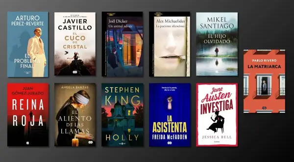 Colección de portadas de **mejores novelas negras**: "El problema final", "El cuco de cristal", "Un animal salvaje", "La paciente silenciosa", "El hijo olvidado", "La matriarca", "Reina roja", "El aliento de las llamas", "Holly", "La asistenta" y "Jane...