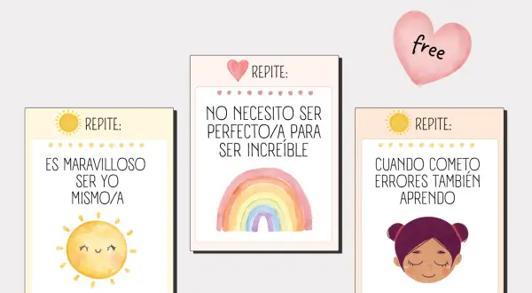 Afirmaciones positivas para niños: "Es maravilloso ser yo mismo/a", "No necesito ser perfecto/a para ser increíble", "Cuando cometo errores también aprendo". Psicología positiva, fortaleza, autoestima, frases de superación personal.
