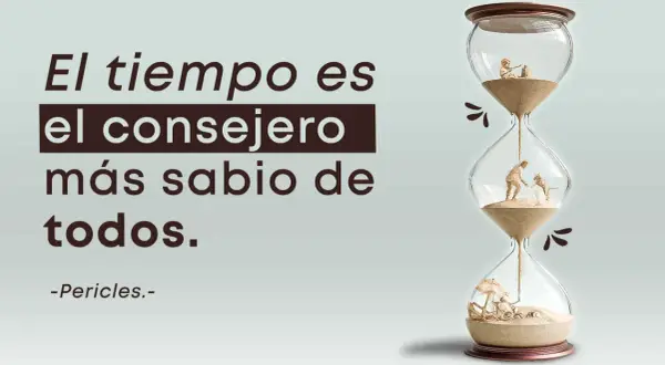 Reloj de arena con escenas de la vida y la frase "El tiempo es el consejero más sabio de todos".