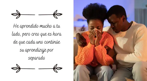 Una pareja se despide con tristeza. Ella llora, él la consuela. La imagen evoca el difícil proceso de como dejar a tu pareja, buscando un nuevo aprendizaje individual.