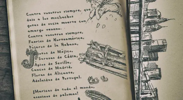 Un cuaderno abierto con dibujos y frases de Federico García Lorca. Se ve un hada, un haz de leña y una ciudad.