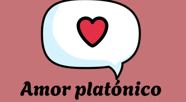 Un corazón rojo dentro de una burbuja de diálogo, con el texto "Amor platónico" debajo. El amor platónico significado.