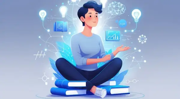 Persona sapiosexual que es: una persona sentada sobre libros, rodeada de ideas y conocimiento, simbolizando la atracción por la inteligencia.