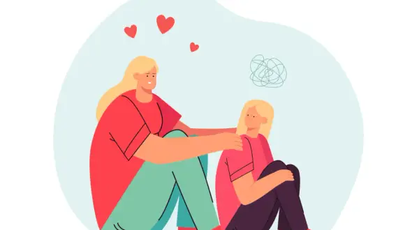 Una mujer consuela a otra, ayudándola a superar el trauma infantil. Corazones flotan sobre ellas, simbolizando amor y sanación.