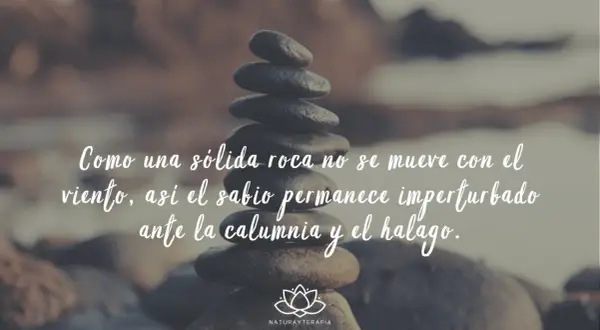 Piedras apiladas con frases budistas: "Como una sólida roca no se mueve con el viento, así el sabio permanece imperturbado ante la calumnia y el halago.