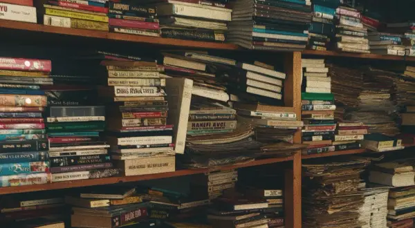 Estanterías repletas de libros, algunos con títulos sugerentes como "libros prohibidos", crean un laberinto de conocimiento y misterio.