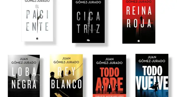 Los libros de Juan Gómez-Jurado en orden: El Paciente, Cicatriz, Reina Roja, Loba Negra, Rey Blanco, Todo Arde y Todo Vuelve.