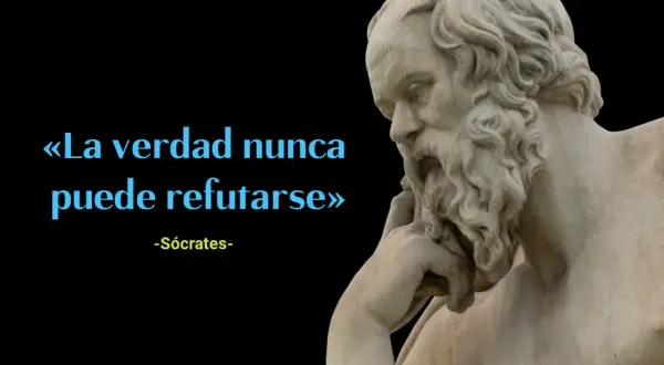Busto de Sócrates con la frase "La verdad nunca puede refutarse" en azul. Frases de Sócrates que invitan a la reflexión.