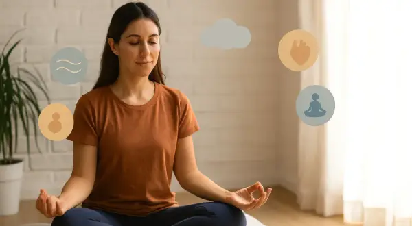 Mujer meditando, rodeada de iconos que representan diferentes tipos de meditación: calma, conexión, corazón y postura.