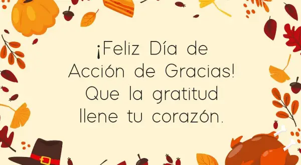 Tarjeta de Acción de Gracias con pavo, pastel y calabaza. ¡Bonitas frases de agradecimiento para celebrar la gratitud!