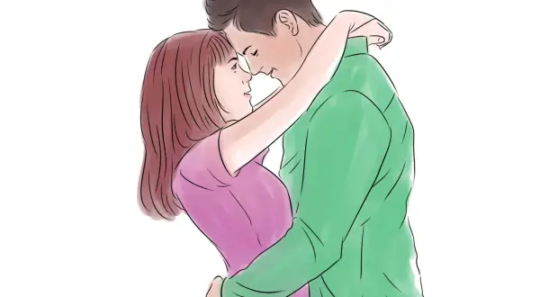 Una pareja se abraza, sus frentes se tocan, listos para como lanzarse a besar a alguien.