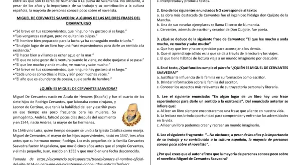 Página con información sobre Miguel de Cervantes Saavedra, incluyendo frases célebres y datos biográficos. Se mencionan frases de Cervantes y su obra.