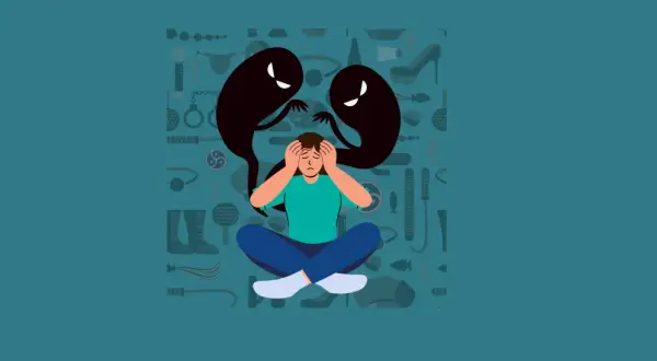 Persona angustiada con sombras que la atormentan, rodeada de objetos que sugieren pensamientos intrusivos sobre sexualidad.