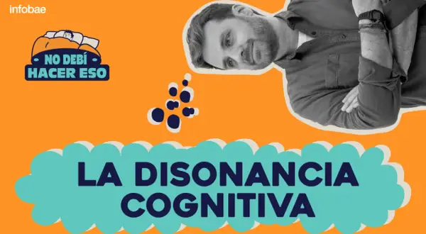 Un hombre reflexiona sobre la disonancia cognitiva, con un globo de pensamiento que dice "No debí hacer eso".