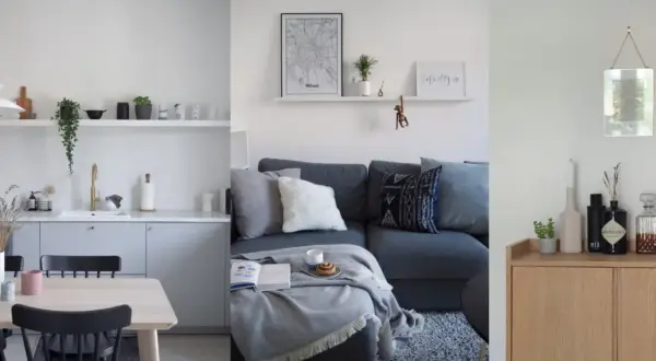 Cocina, salón y mueble de madera con objetos decorativos. El hygge significado se refleja en la calidez y el confort de estos espacios.