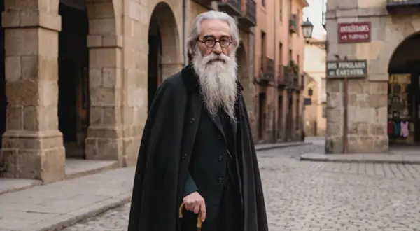 Un hombre con barba larga y gafas, vestido con capa y bastón, evoca las frases de Valle Inclán en una calle empedrada.