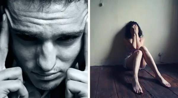 Un hombre con las manos en la cabeza y una mujer sentada en el suelo, ambos reflejando la tristeza de la distimia que es.