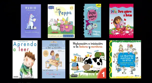Ocho libros para aprender a leer, con personajes como Peppa Pig, Dora la Exploradora y monstruos.