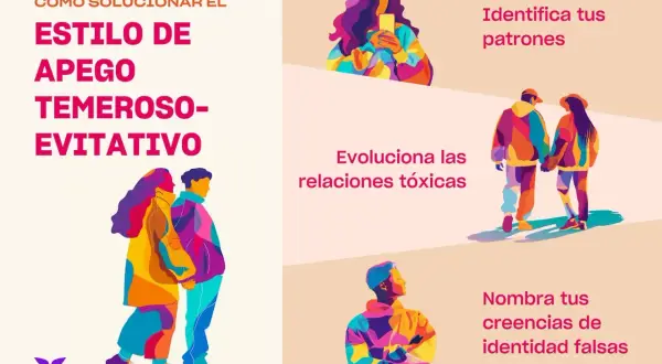 Ilustración sobre cómo solucionar el **apego evitativo en pareja**. Muestra pasos como identificar patrones y evolucionar relaciones tóxicas.