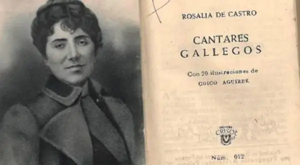 Retrato de Rosalía de Castro junto a su obra "Cantares Gallegos", un tesoro de frases y poemas.