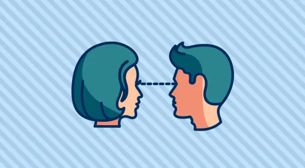 Perfiles de hombre y mujer mirándose, con una línea punteada entre sus ojos, simbolizando el contacto cero.