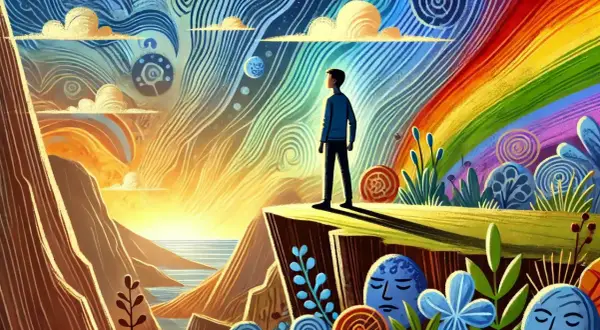 Un joven mira un paisaje vibrante y surrealista, con un arcoíris y un sol naciente. Se siente bien al ser diferente al resto.