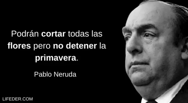 Retrato de Pablo Neruda con la frase: "Podrán cortar todas las flores pero no detener la primavera.