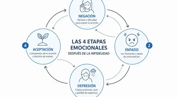 Diagrama de las 4 etapas emocionales tras una infidelidad: negación, enfado, depresión y aceptación.