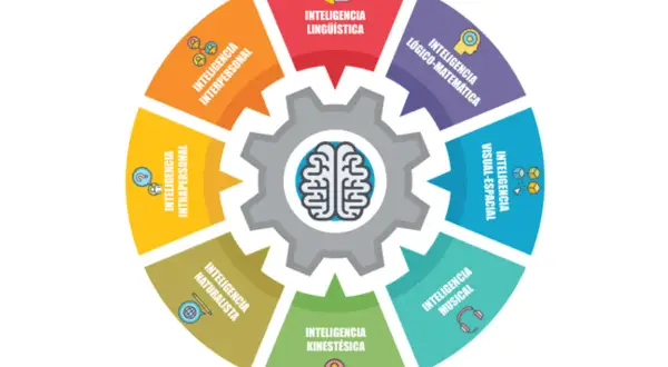 Diagrama circular muestra las inteligencias múltiples: lingüística, lógico-matemática, visual-espacial, musical, kinestésica, naturalista, intrapersonal e interpersonal, con un cerebro en el centro.