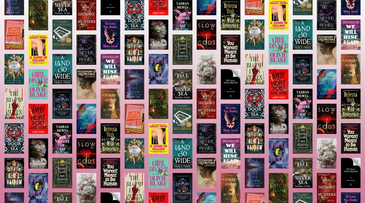 Mosaico de portadas de libros con títulos como "A Game in Yellow", "Girl Dinner" y "The Blood Queen".