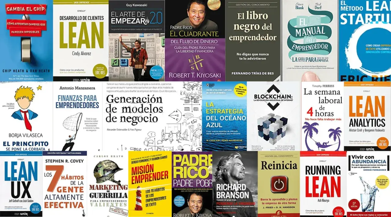 Colección de portadas de libros sobre negocios, finanzas y emprendimiento, incluyendo los mejores libros de negociación.