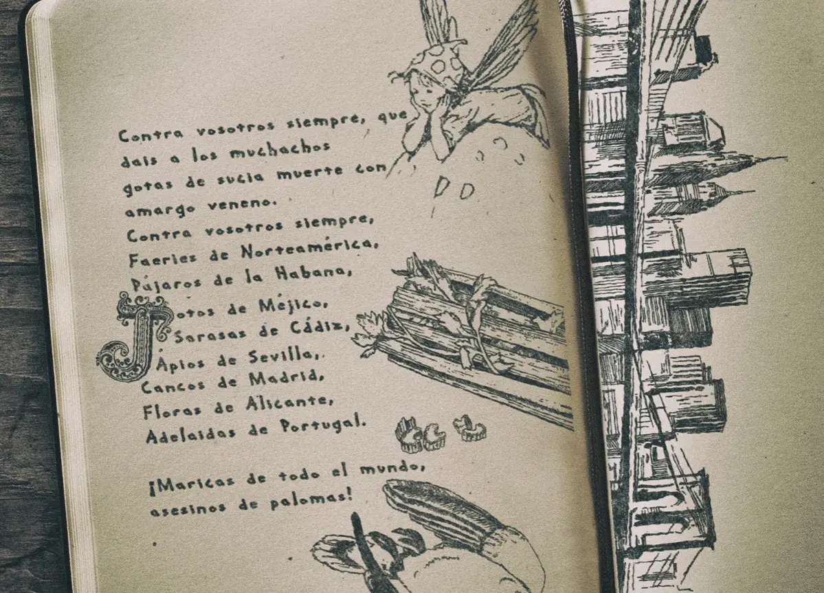 Un cuaderno abierto con dibujos y frases de Federico García Lorca. Se ve un hada, un haz de leña y una ciudad.