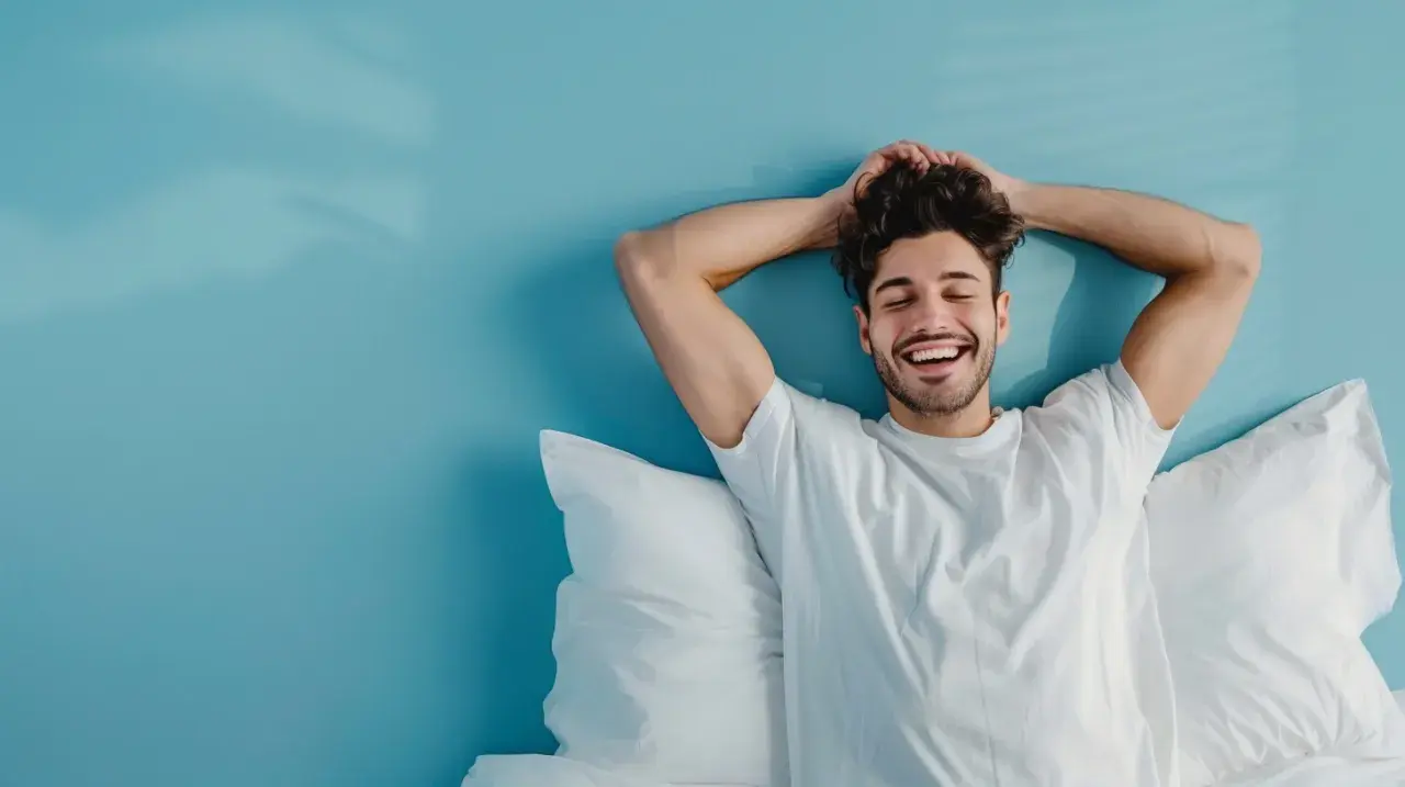 Hombre sonriente y relajado en la cama, disfrutando de levantarse a las 5 de la mañana con los brazos detrás de la cabeza.
