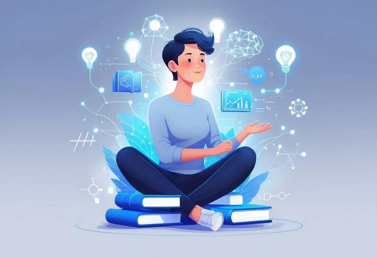 Persona sapiosexual que es: una persona sentada sobre libros, rodeada de ideas y conocimiento, simbolizando la atracción por la inteligencia.