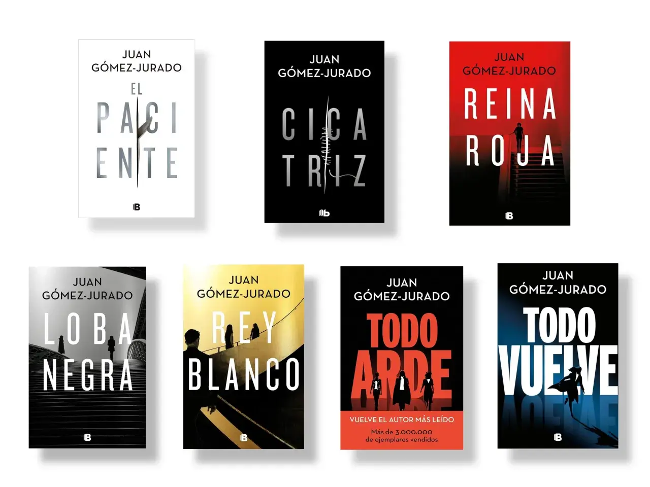 Los libros de Juan Gómez-Jurado en orden: El Paciente, Cicatriz, Reina Roja, Loba Negra, Rey Blanco, Todo Arde y Todo Vuelve.