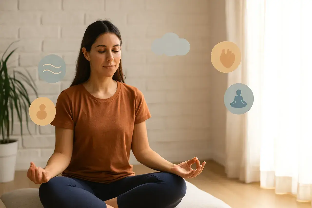 Mujer meditando, rodeada de iconos que representan diferentes tipos de meditación: calma, conexión, corazón y postura.