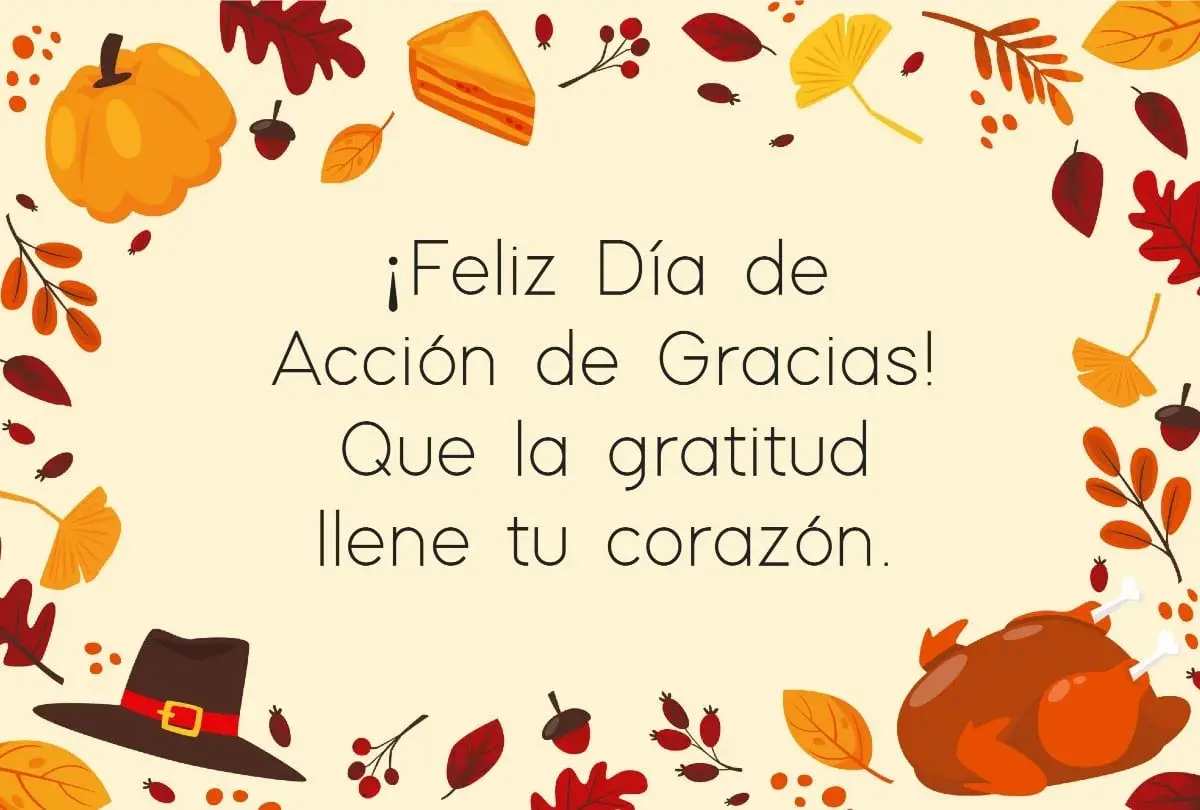 Tarjeta de Acción de Gracias con pavo, pastel y calabaza. ¡Bonitas frases de agradecimiento para celebrar la gratitud!