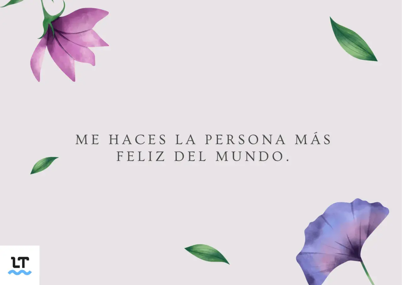 Me haces la persona más feliz del mundo." Una frase para decir que te gusta, con flores y hojas delicadas.