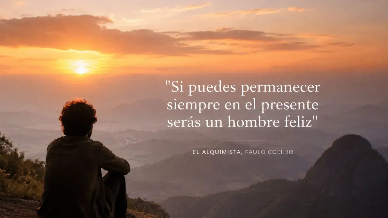 Hombre meditando al amanecer, inspirado por **paulo coelho frases**: "Si puedes permanecer siempre en el presente serás un hombre feliz".