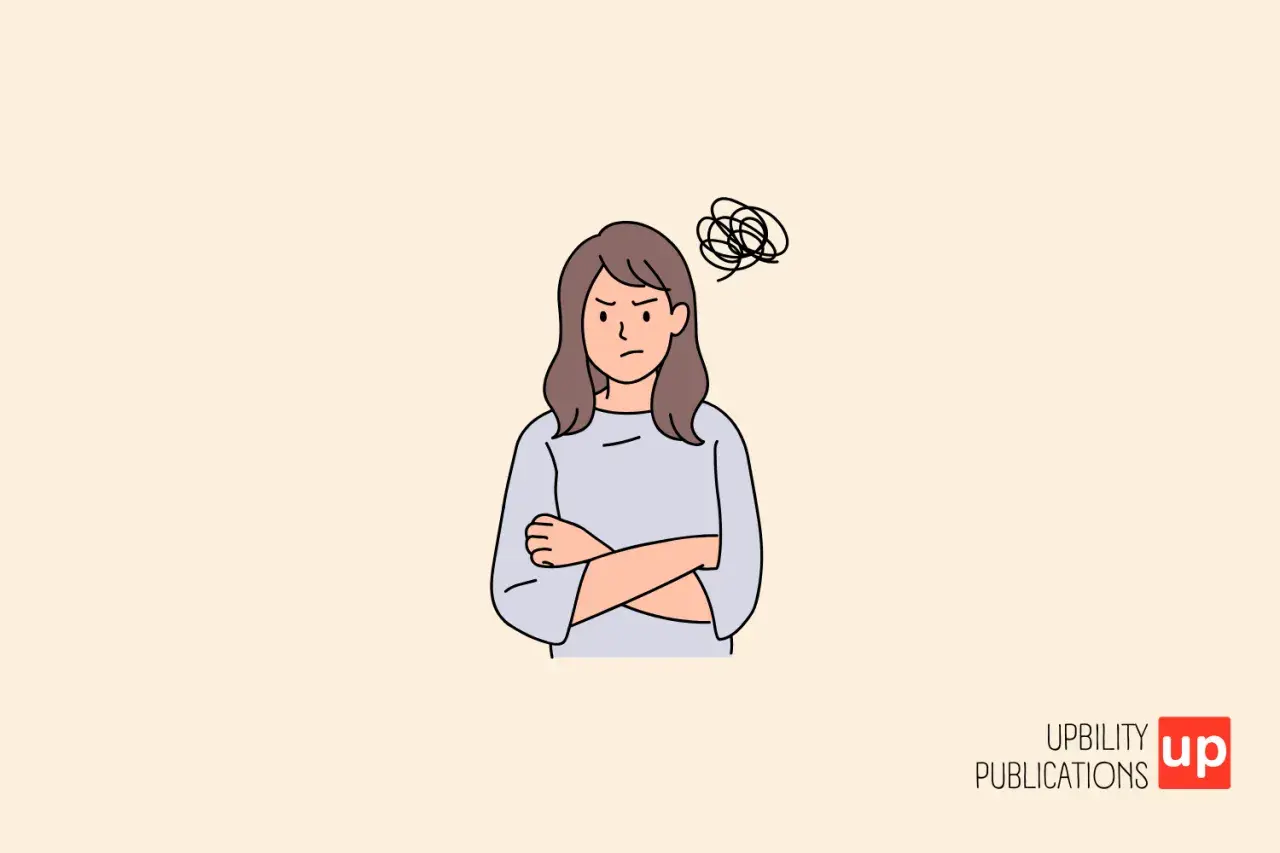 Mujer con brazos cruzados y expresión de enfado, con un símbolo de enredo sobre su cabeza, representando ataques de ira.