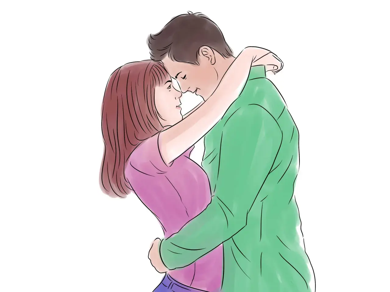 Una pareja se abraza, sus frentes se tocan, listos para como lanzarse a besar a alguien.
